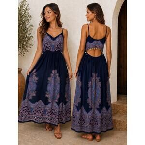 Earthbound Trading Co Maxi Dress Sz L Navy Paisley Coin Back Detail Boho Flowy
